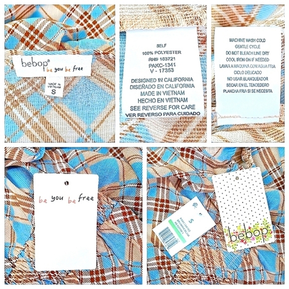 NWT BeBop Blue And Tan Plaid Smocked Waist Mini Dress Puff Sleeve S Retro Print - Picture 2 of 5